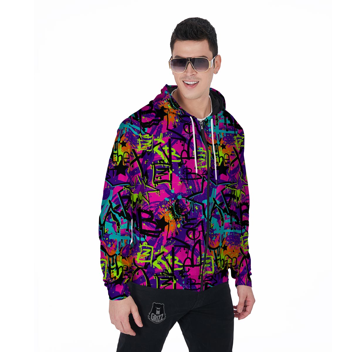 Graffiti Airbrush Print Men's Zip Up Hoodie-grizzshop