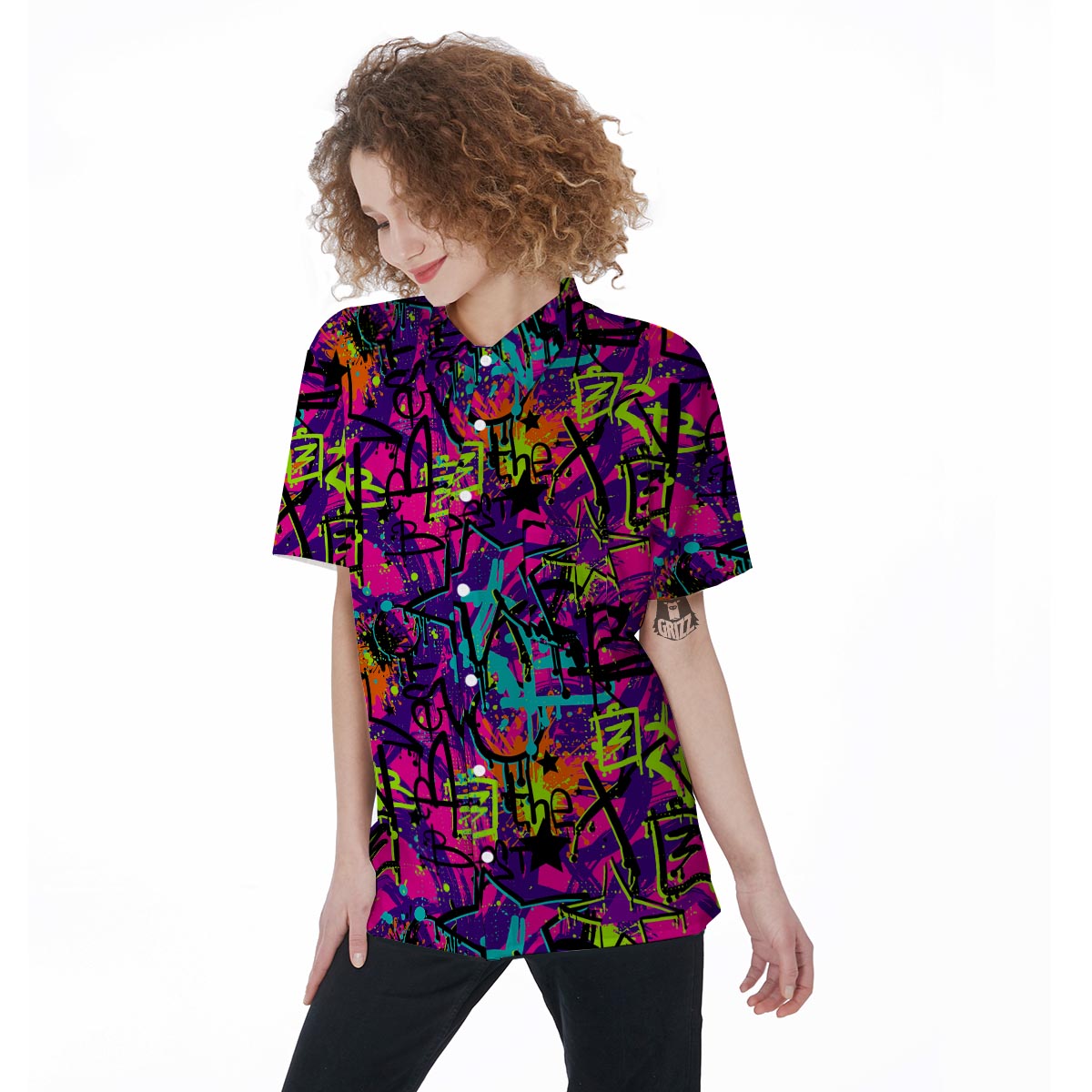 Graffiti Airbrush Print Women's Short Sleeve Shirts-grizzshop