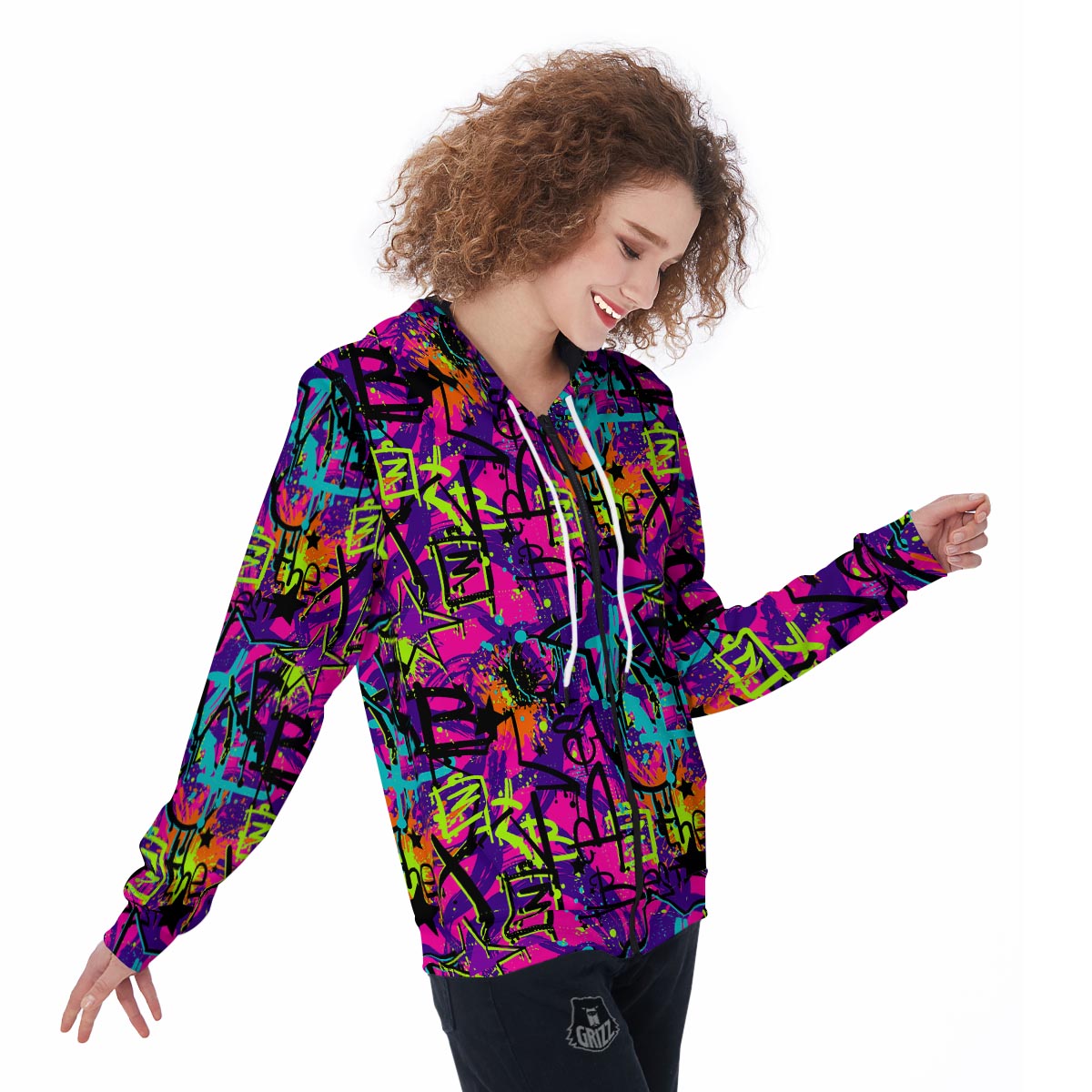 Graffiti Airbrush Print Women's Zip Up Hoodie-grizzshop