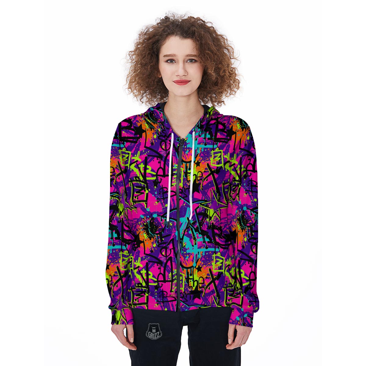 Graffiti Airbrush Print Women's Zip Up Hoodie-grizzshop