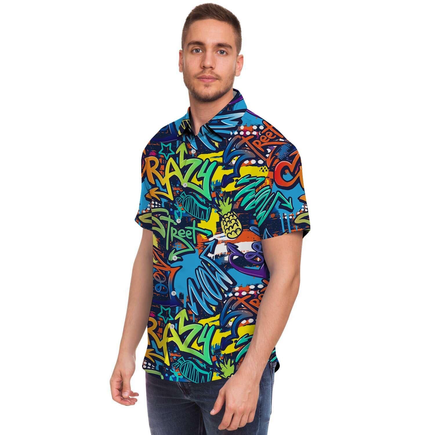 Graffiti Backdrop Print Men's Short Sleeve Shirt-grizzshop