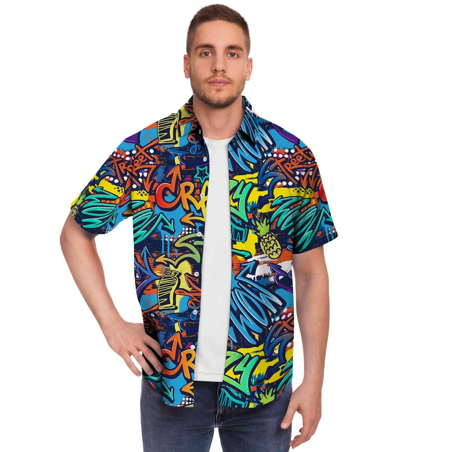 Graffiti Backdrop Print Men's Short Sleeve Shirt-grizzshop