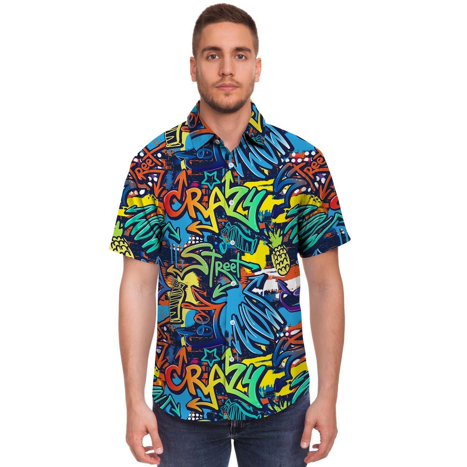 Graffiti Backdrop Print Men's Short Sleeve Shirt-grizzshop