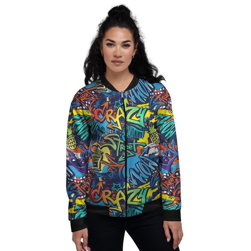 Graffiti Backdrop Print Women's Bomber Jacket-grizzshop