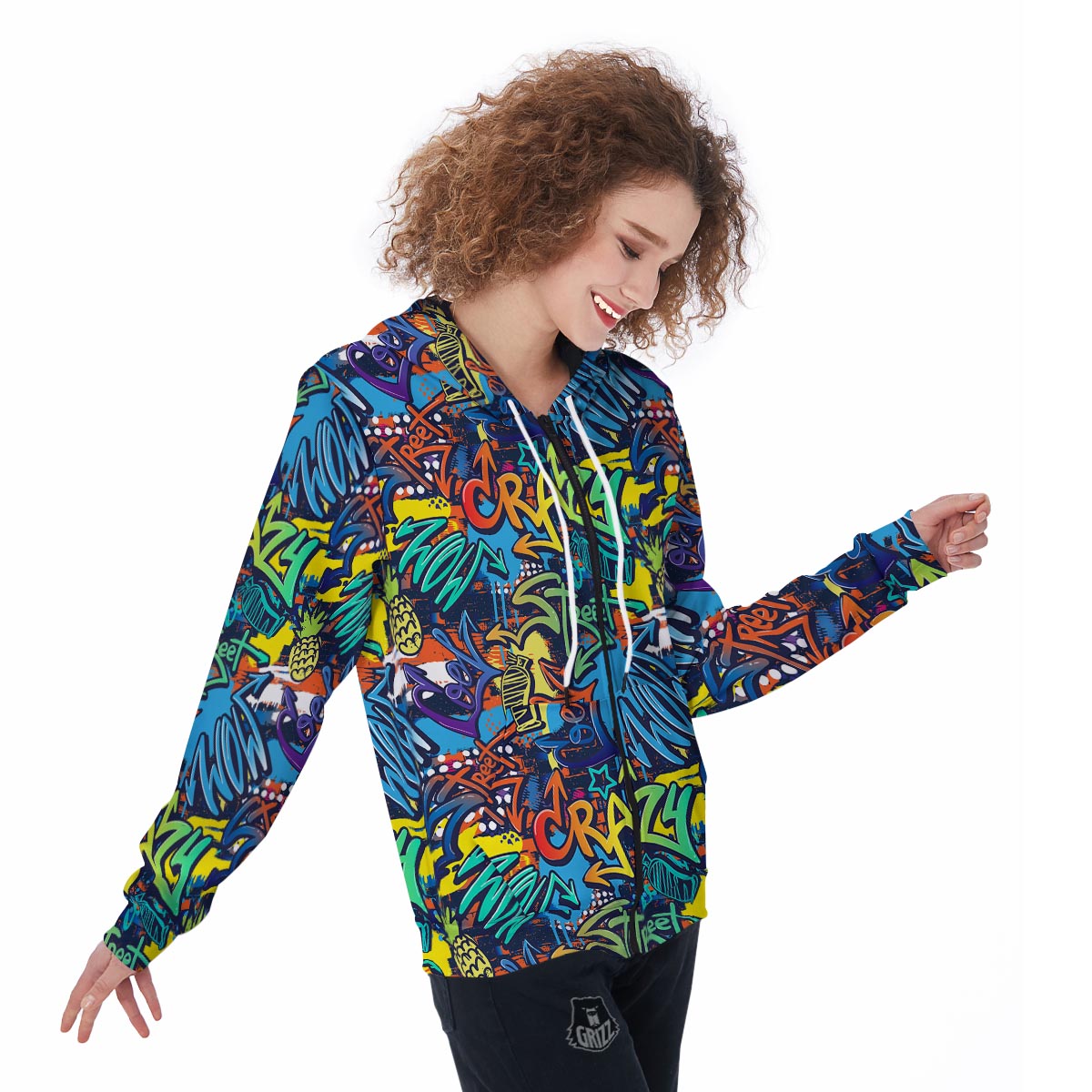 Graffiti Backdrop Print Women's Zip Up Hoodie-grizzshop