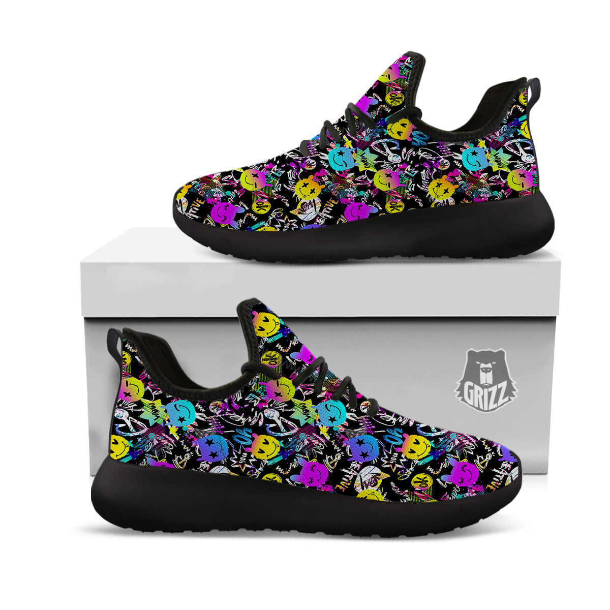 Graffiti Colorful Emoji Faces Print Pattern Black Athletic Shoes-grizzshop