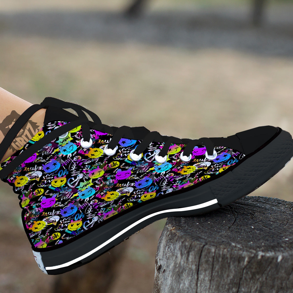 Graffiti Colorful Emoji Faces Print Pattern Black High Top Shoes-grizzshop