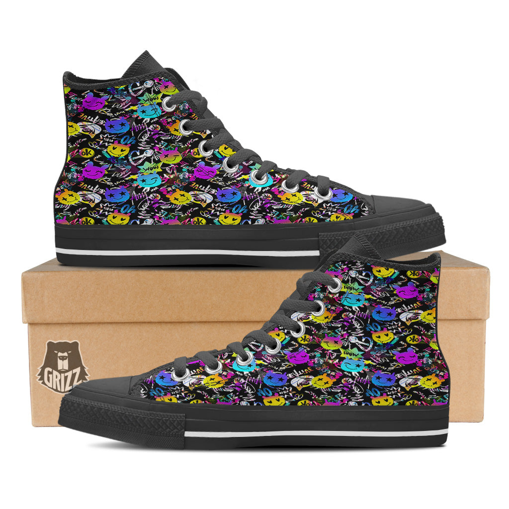 Graffiti Colorful Emoji Faces Print Pattern Black High Top Shoes-grizzshop