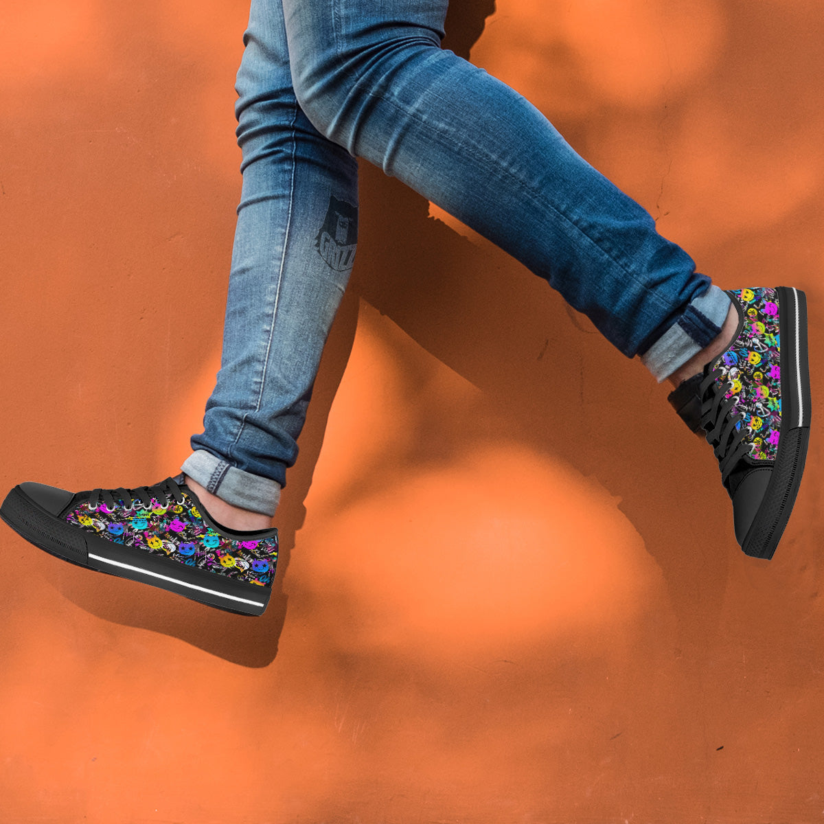 Graffiti Colorful Emoji Faces Print Pattern Black Low Top Shoes-grizzshop