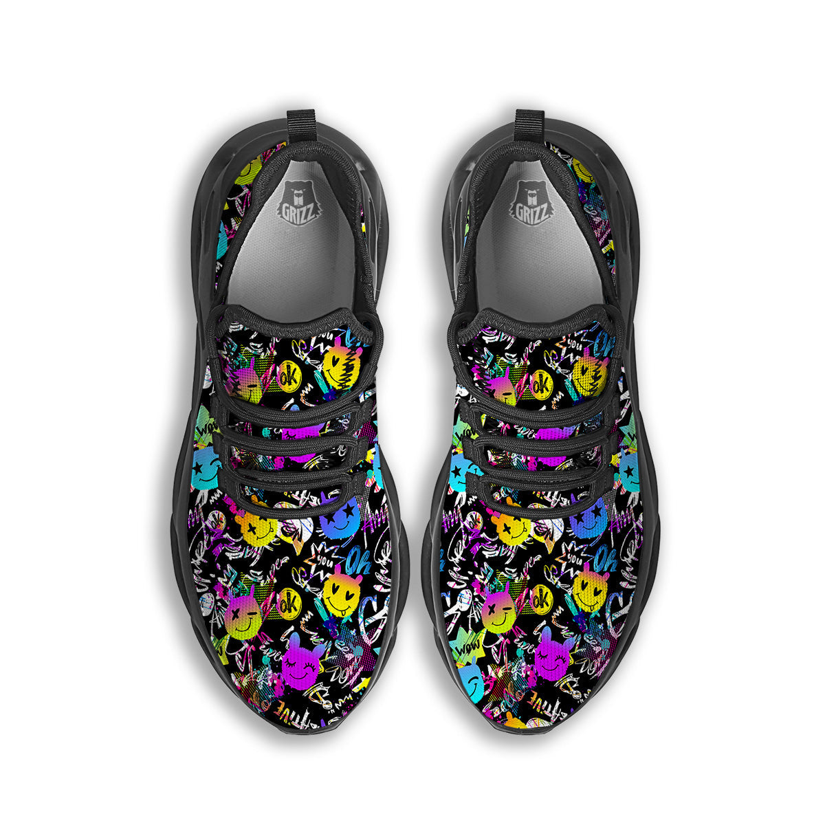 Graffiti Colorful Emoji Faces Print Pattern Black Running Shoes-grizzshop