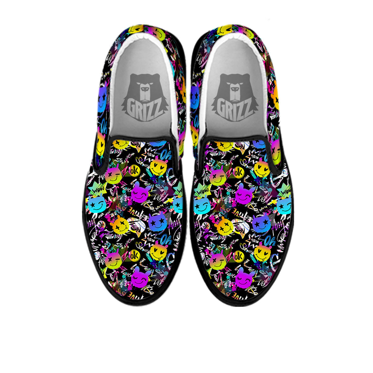 Graffiti Colorful Emoji Faces Print Pattern Black Slip On Shoes-grizzshop