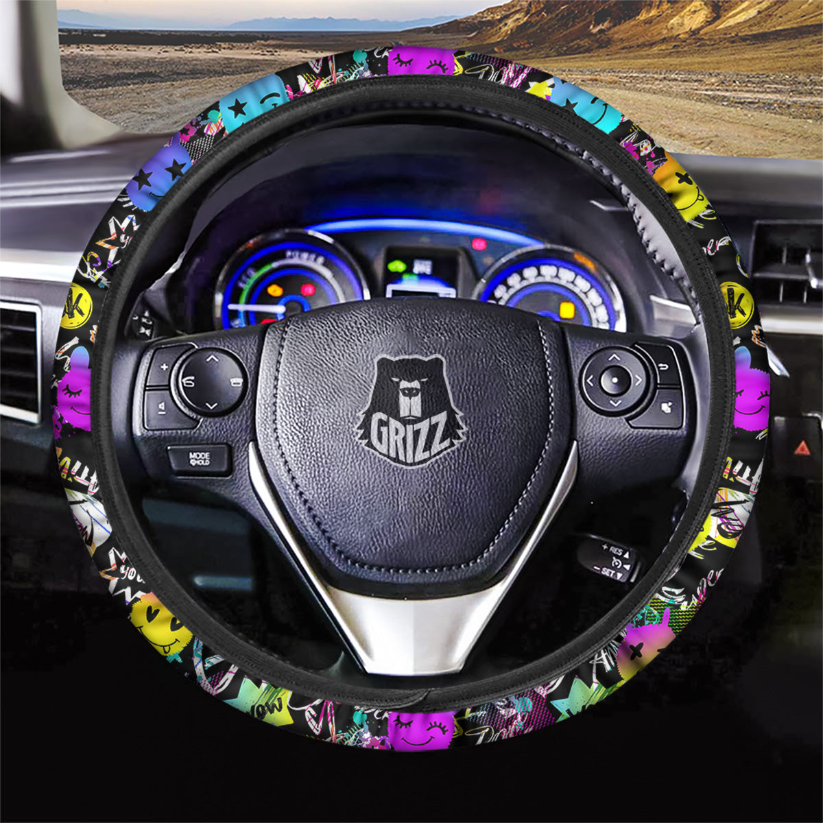 Graffiti Colorful Emoji Faces Print Pattern Car Steering Wheel Cover-grizzshop
