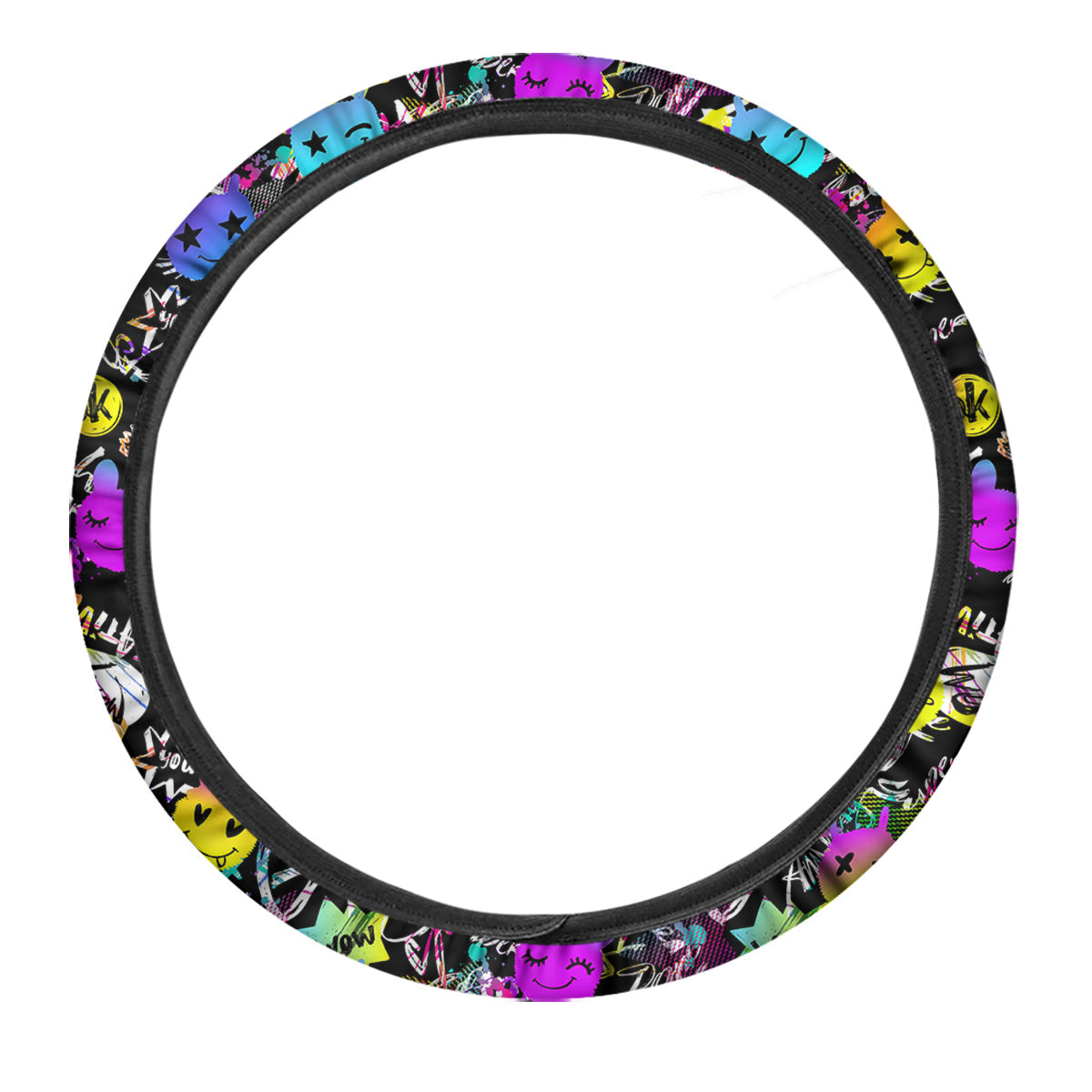 Graffiti Colorful Emoji Faces Print Pattern Car Steering Wheel Cover-grizzshop