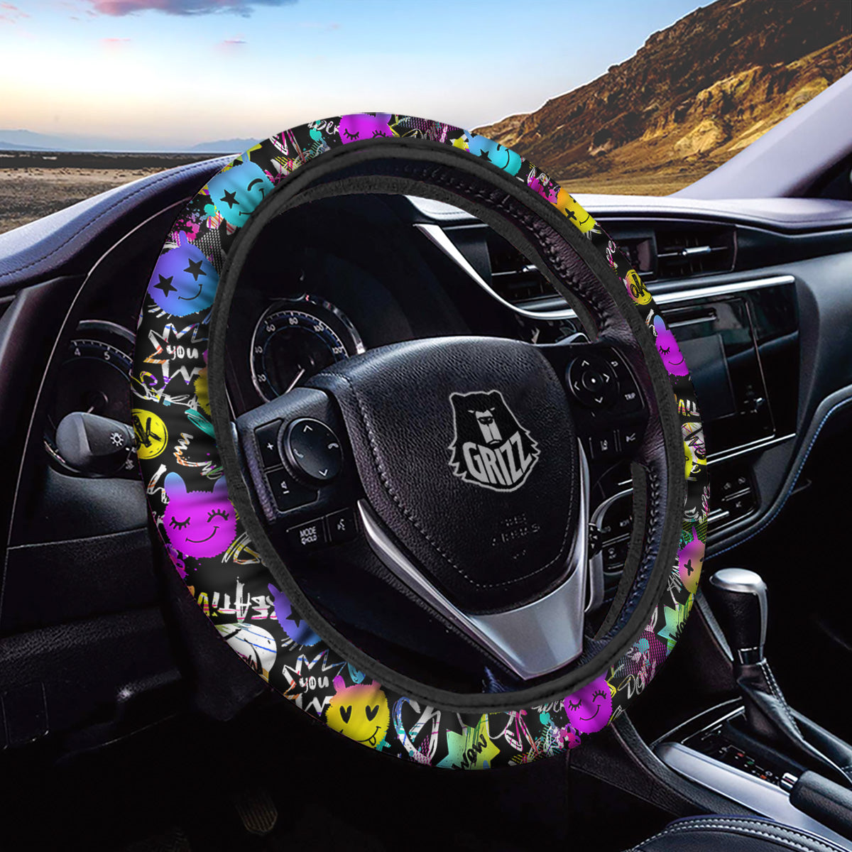 Graffiti Colorful Emoji Faces Print Pattern Car Steering Wheel Cover-grizzshop