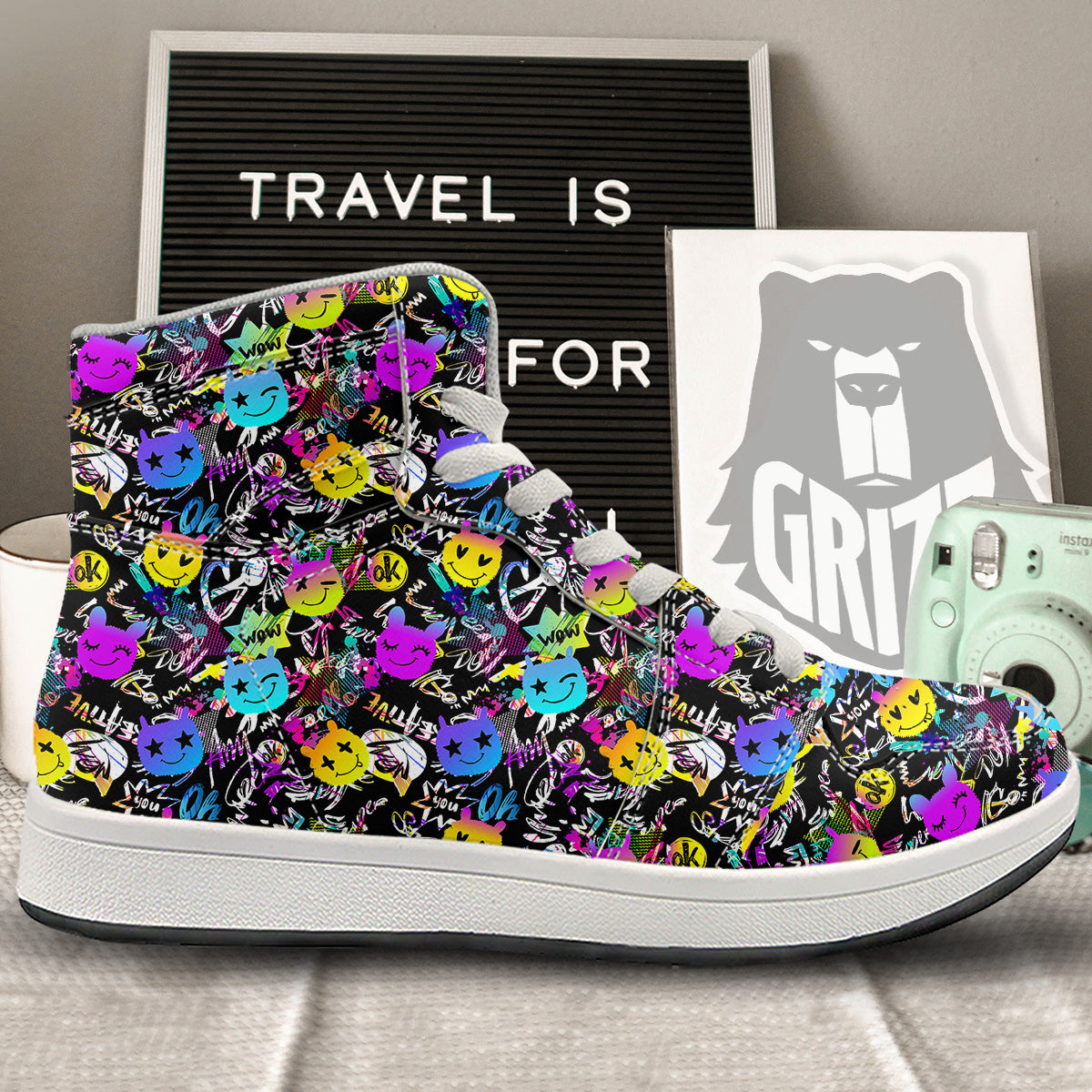 Graffiti Colorful Emoji Faces Print Pattern High Top Sneakers-grizzshop