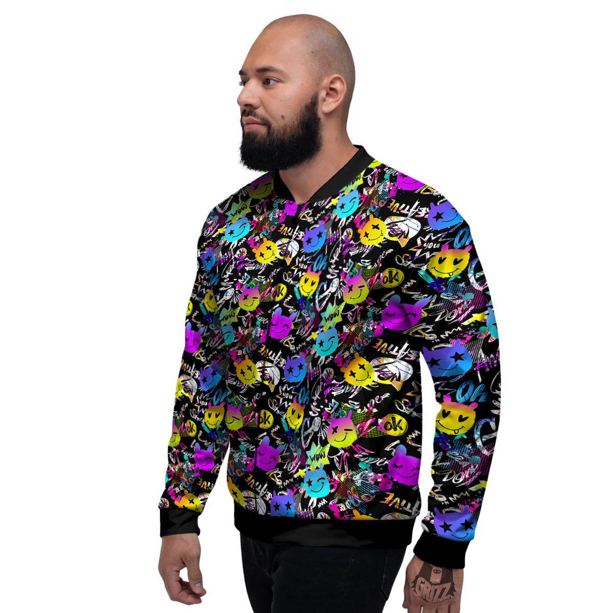 Graffiti Colorful Emoji Faces Print Pattern Men's Bomber Jacket-grizzshop