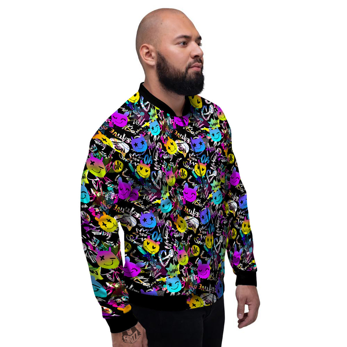 Graffiti Colorful Emoji Faces Print Pattern Men's Bomber Jacket-grizzshop