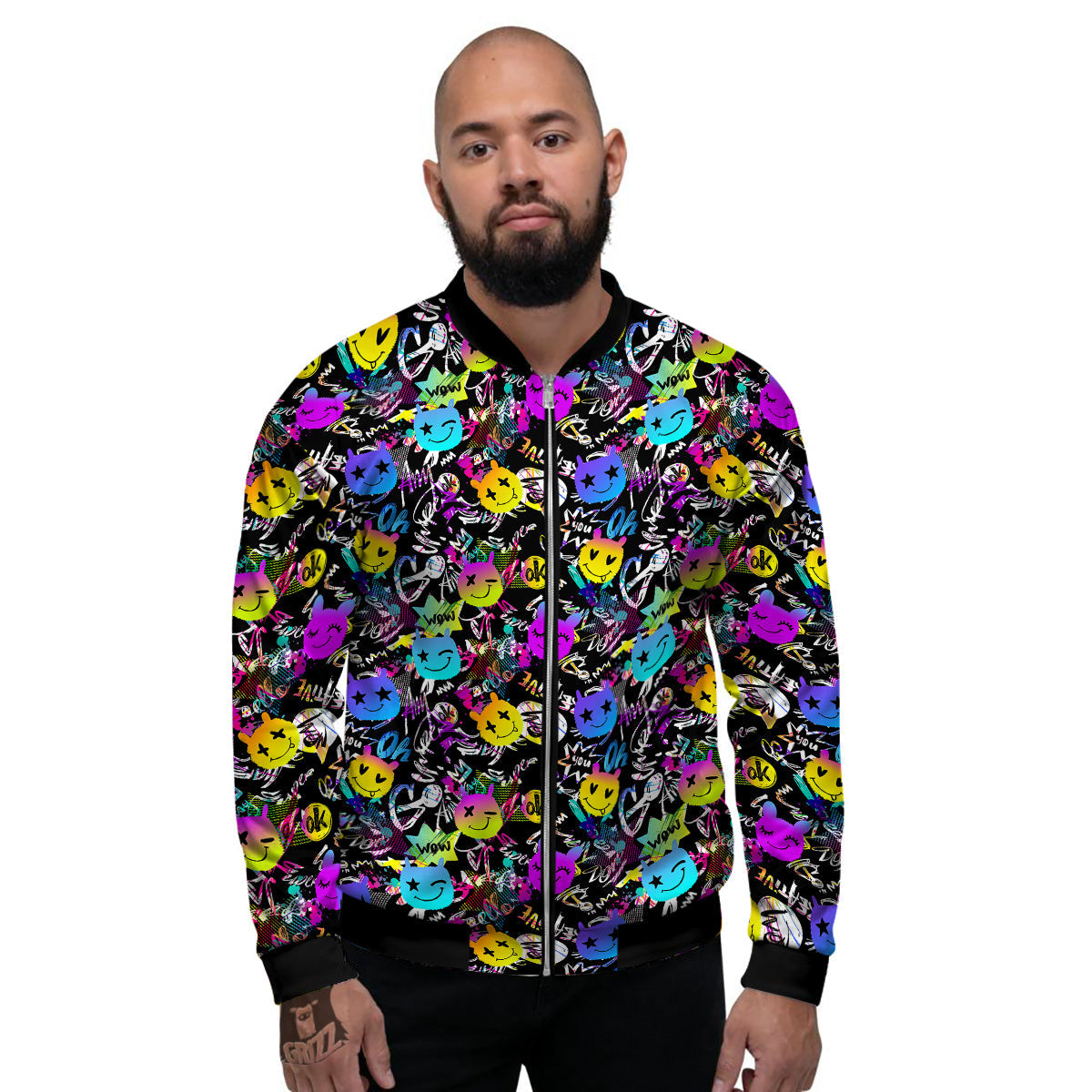 Graffiti Colorful Emoji Faces Print Pattern Men's Bomber Jacket-grizzshop