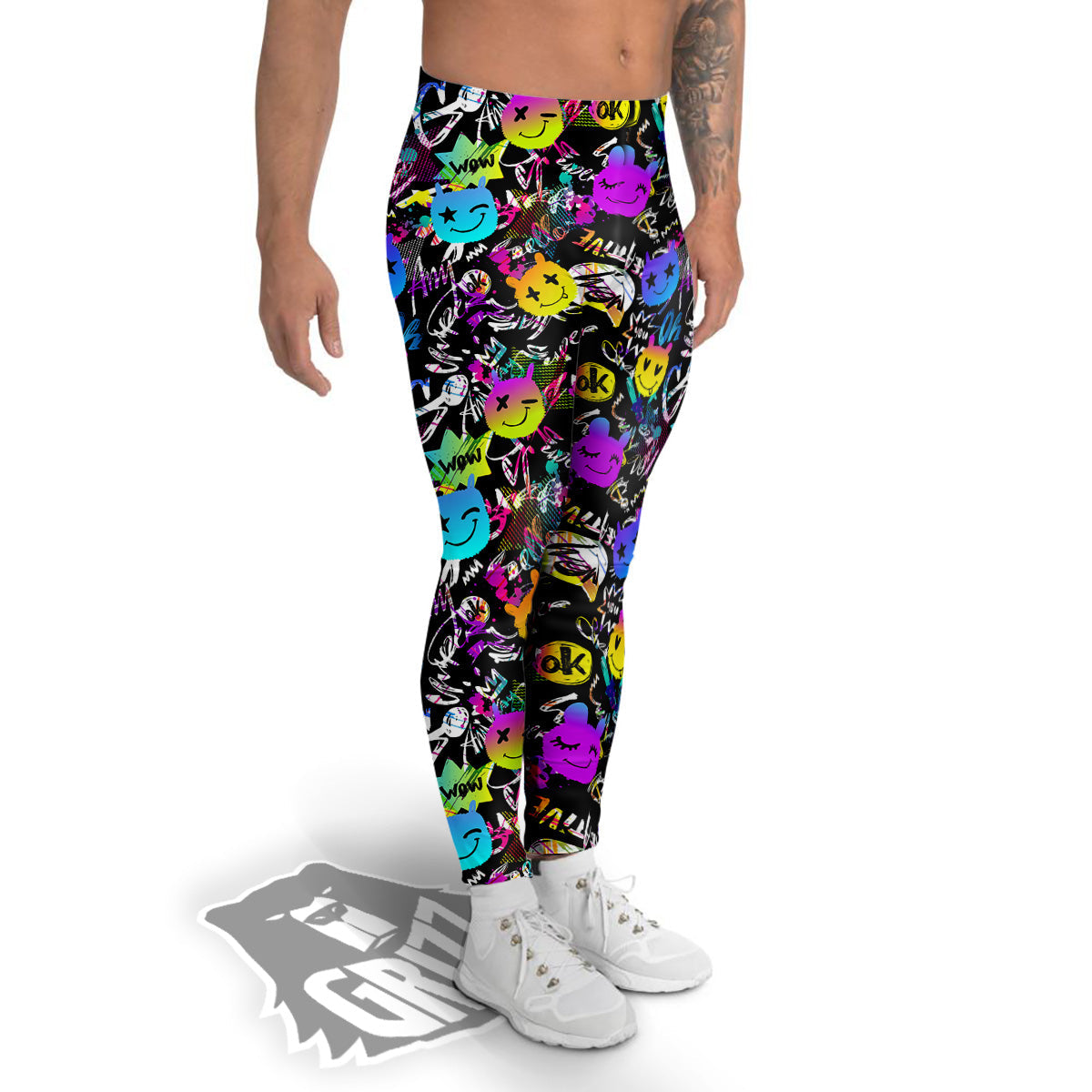 Graffiti Colorful Emoji Faces Print Pattern Men's Leggings-grizzshop