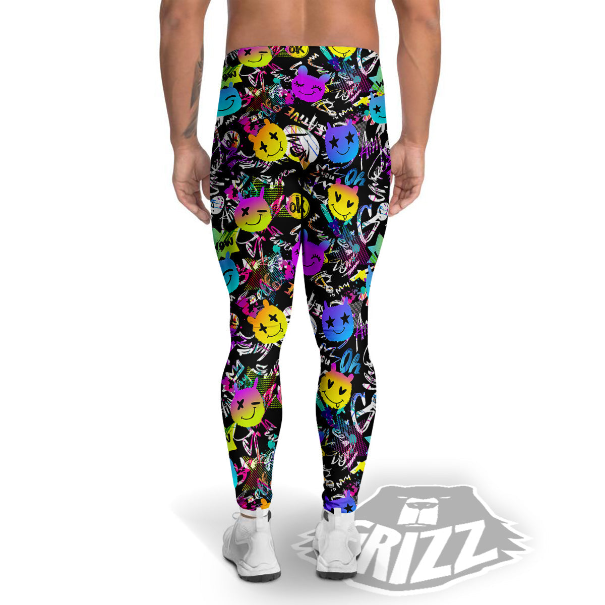 Graffiti Colorful Emoji Faces Print Pattern Men's Leggings-grizzshop