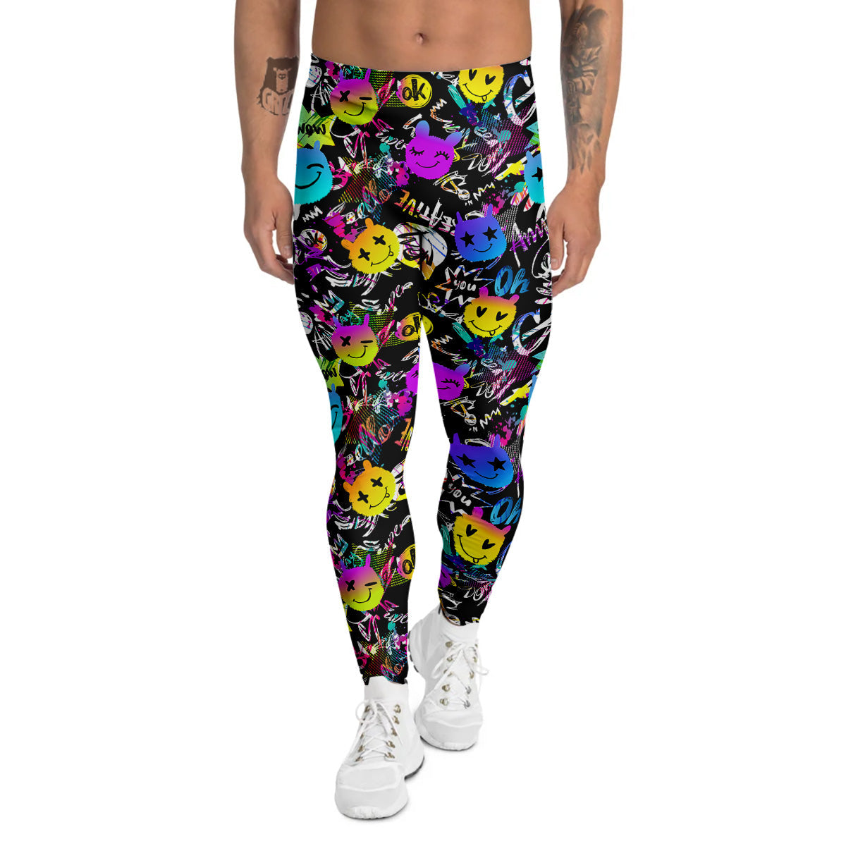 Graffiti Colorful Emoji Faces Print Pattern Men's Leggings-grizzshop