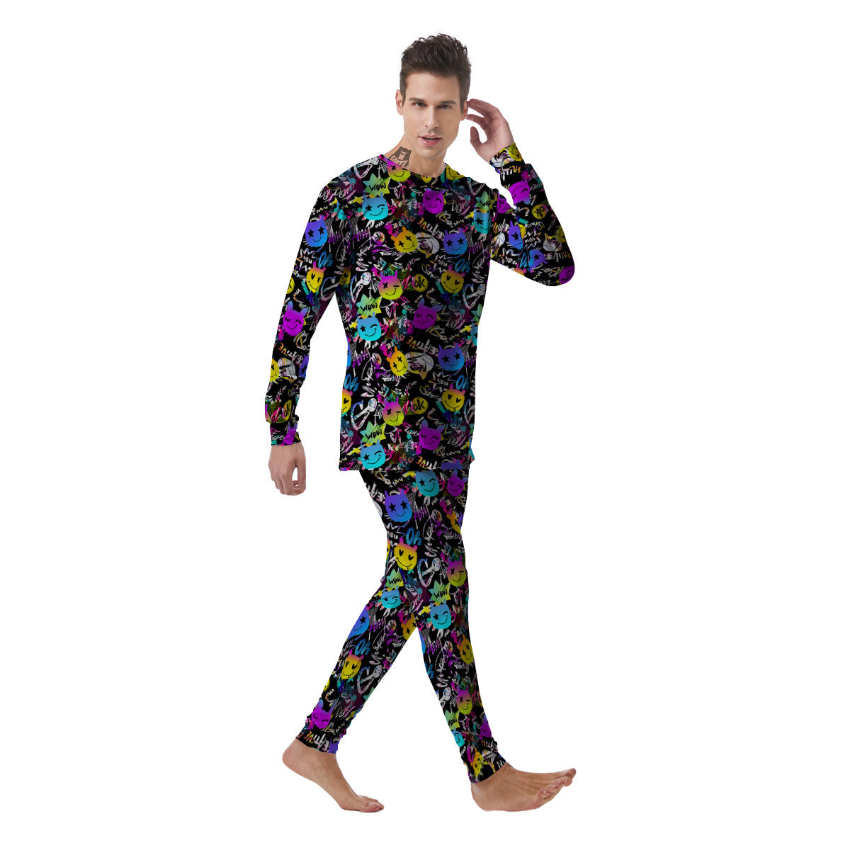 Graffiti Colorful Emoji Faces Print Pattern Men's Pajamas-grizzshop