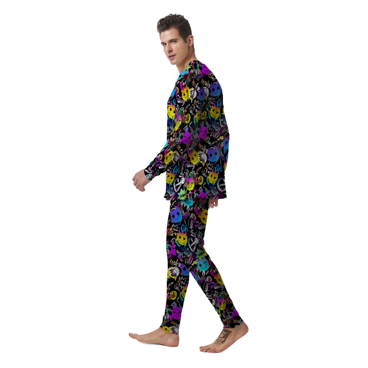Graffiti Colorful Emoji Faces Print Pattern Men's Pajamas-grizzshop