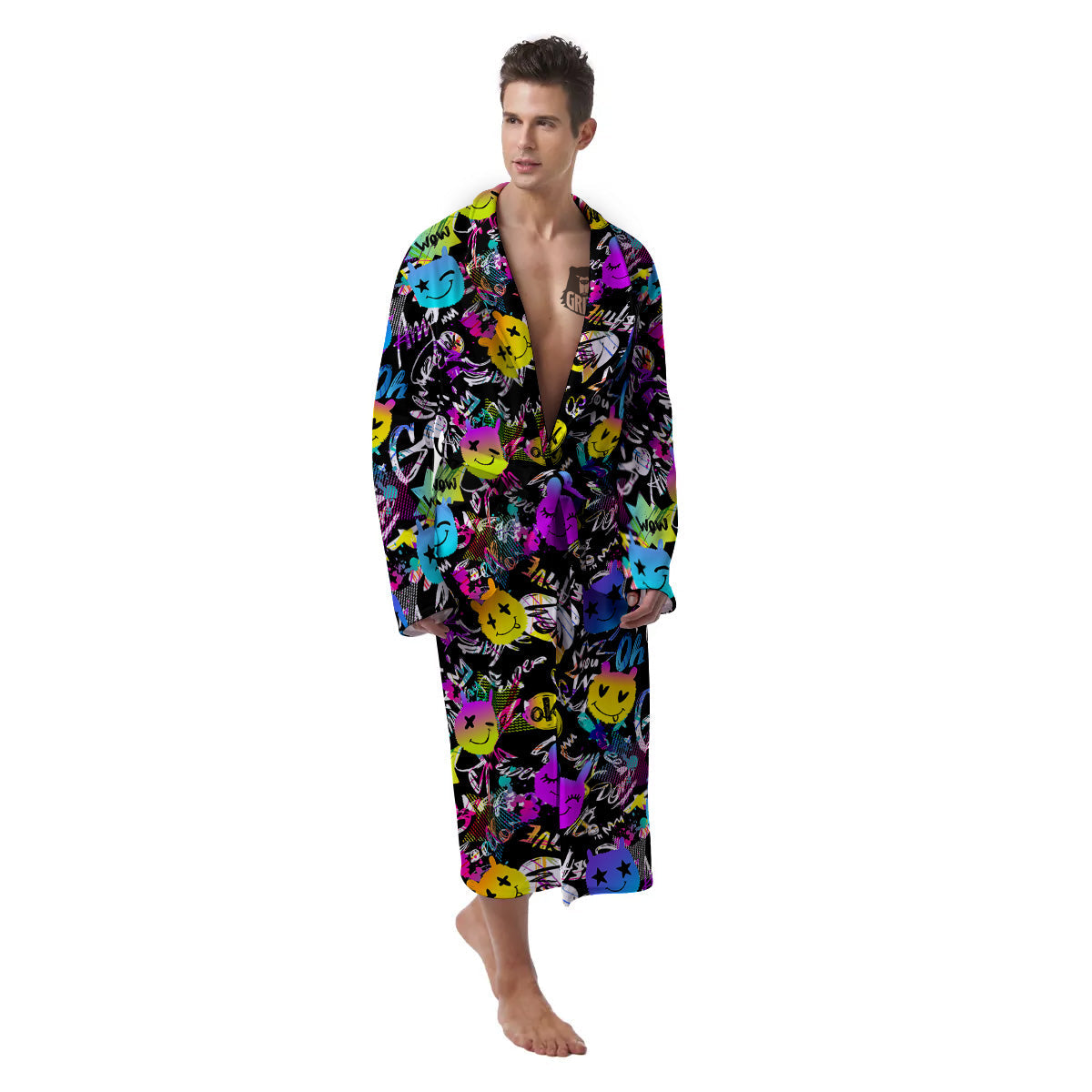 Graffiti Colorful Emoji Faces Print Pattern Men's Robe-grizzshop