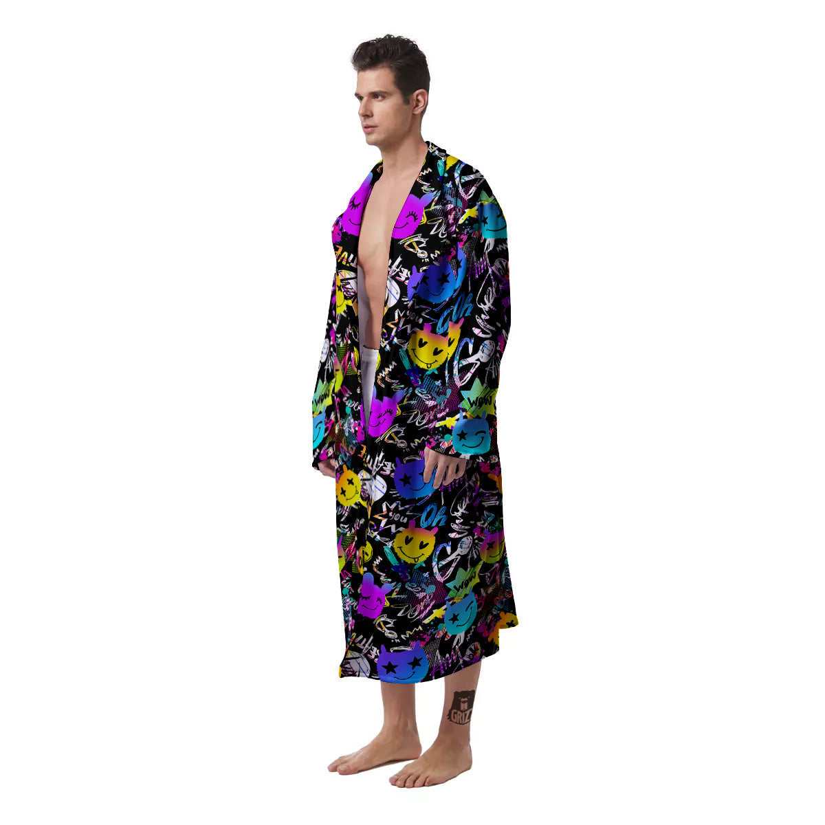 Graffiti Colorful Emoji Faces Print Pattern Men's Robe-grizzshop