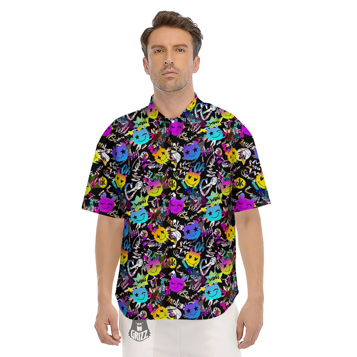 Graffiti Colorful Emoji Faces Print Pattern Men's Short Sleeve Shirts-grizzshop