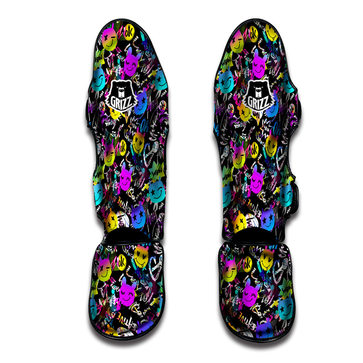 Graffiti Colorful Emoji Faces Print Pattern Muay Thai Shin Guards-grizzshop