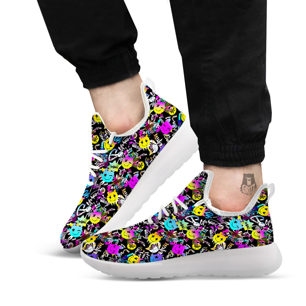 Graffiti Colorful Emoji Faces Print Pattern White Athletic Shoes-grizzshop