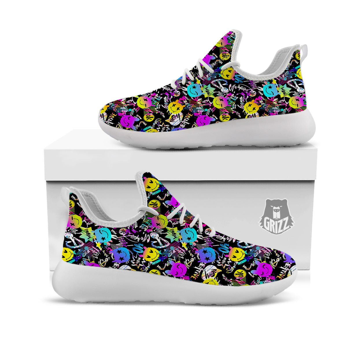 Graffiti Colorful Emoji Faces Print Pattern White Athletic Shoes-grizzshop