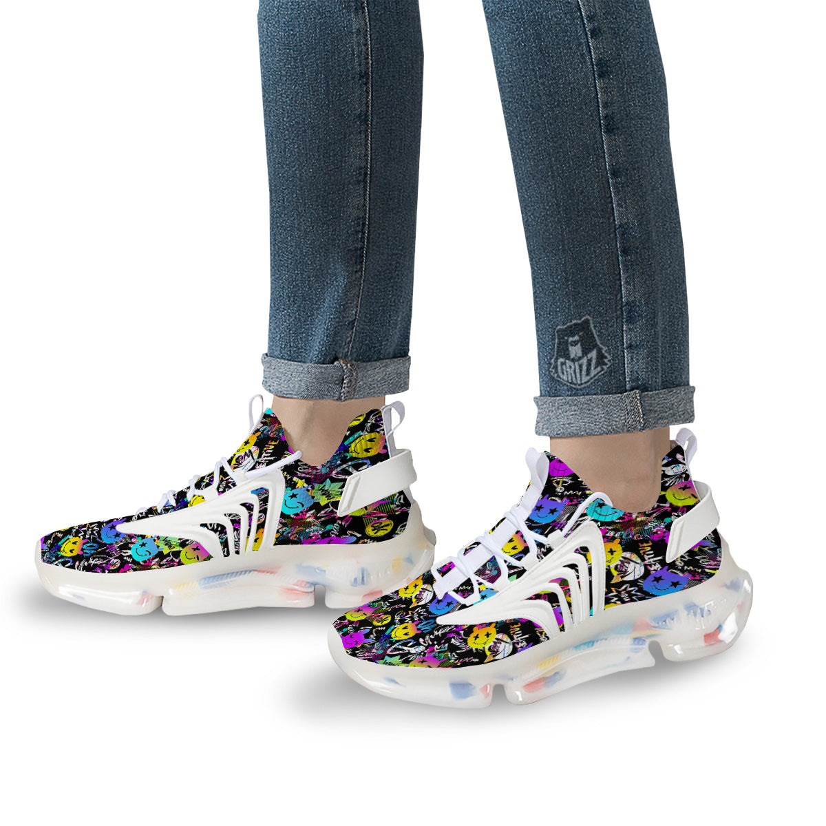 Graffiti Colorful Emoji Faces Print Pattern White Gym Shoes-grizzshop