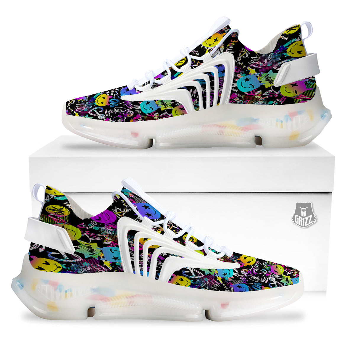 Graffiti Colorful Emoji Faces Print Pattern White Gym Shoes-grizzshop