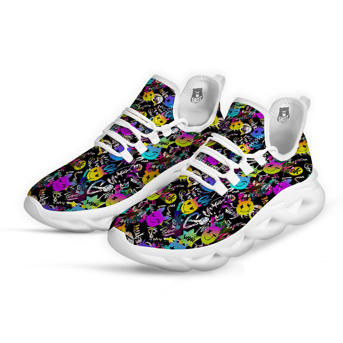 Graffiti Colorful Emoji Faces Print Pattern White Running Shoes-grizzshop