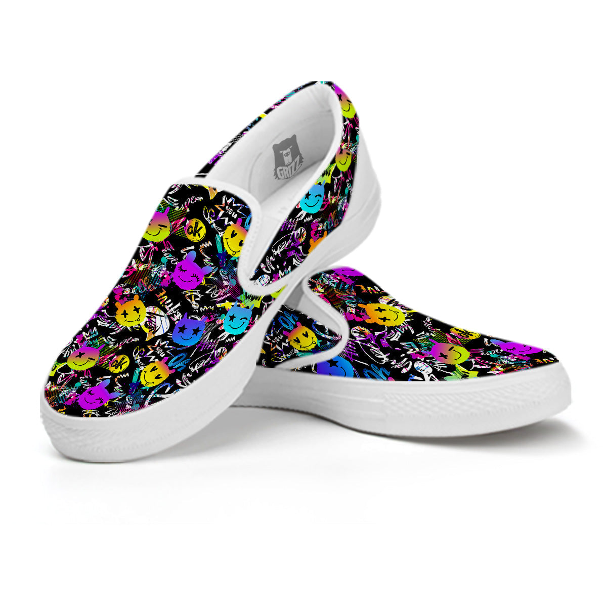 Graffiti Colorful Emoji Faces Print Pattern White Slip On Shoes-grizzshop