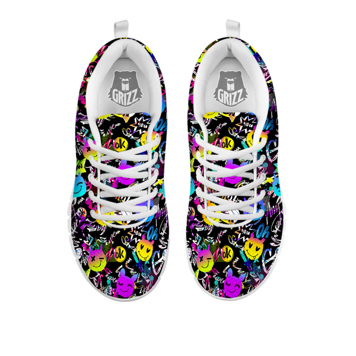 Graffiti Colorful Emoji Faces Print Pattern White Sneaker-grizzshop