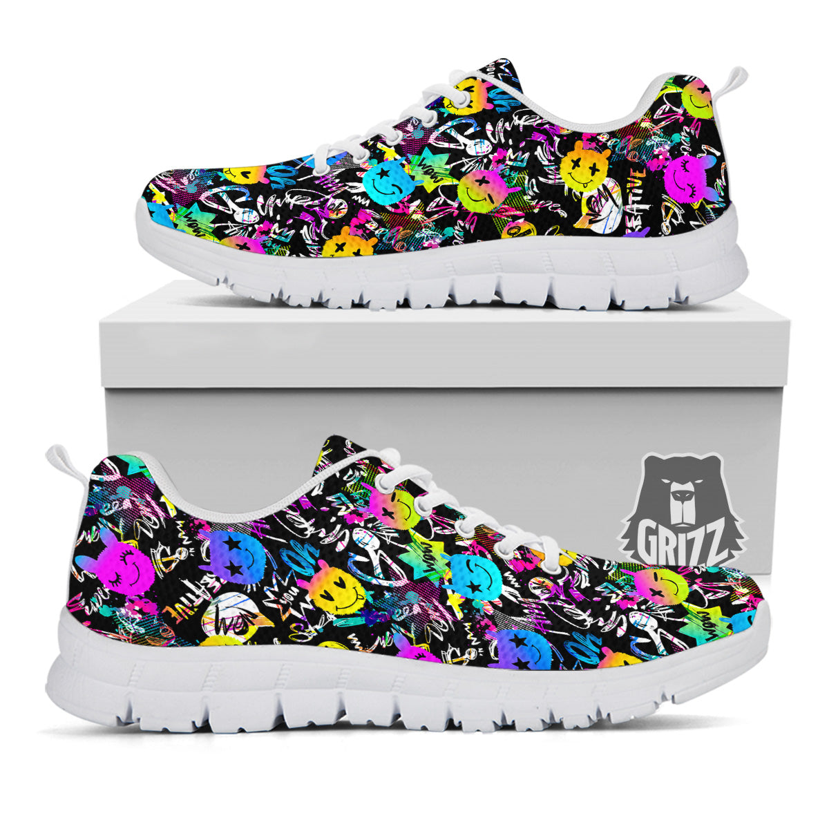Graffiti Colorful Emoji Faces Print Pattern White Sneaker-grizzshop