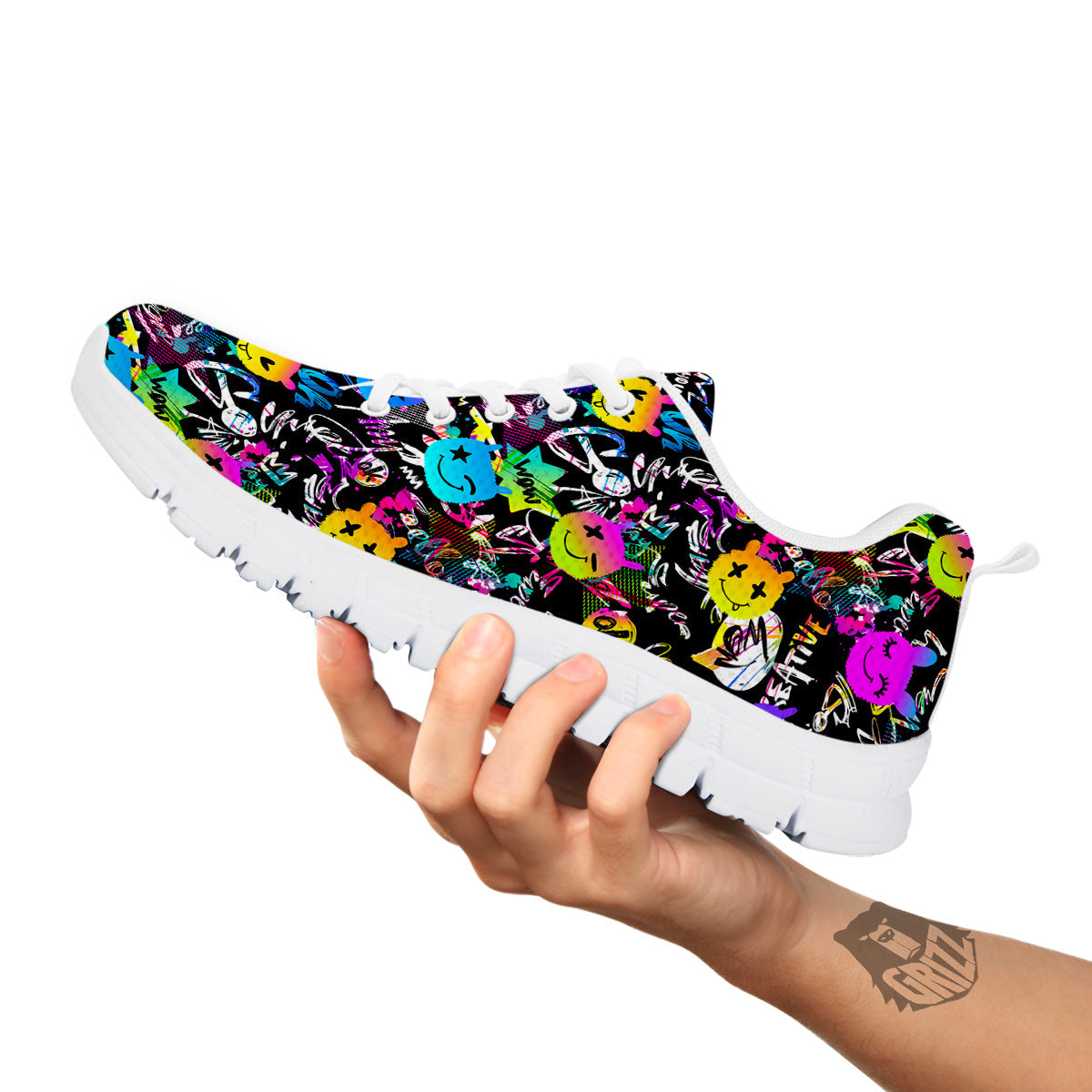 Graffiti Colorful Emoji Faces Print Pattern White Sneaker-grizzshop
