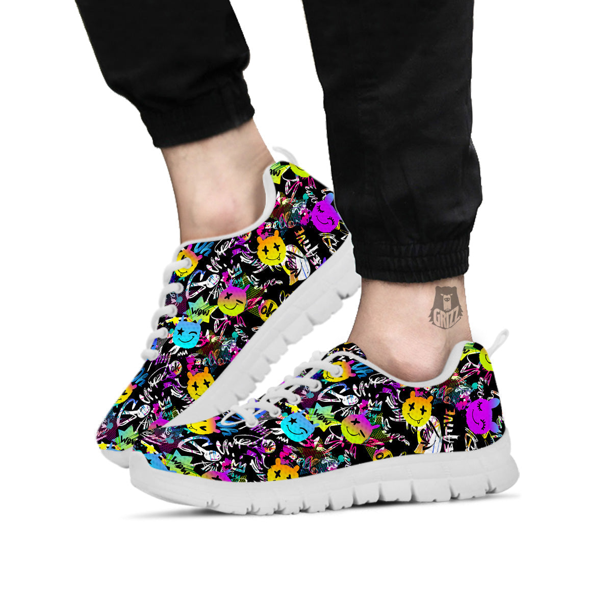 Graffiti Colorful Emoji Faces Print Pattern White Sneaker-grizzshop