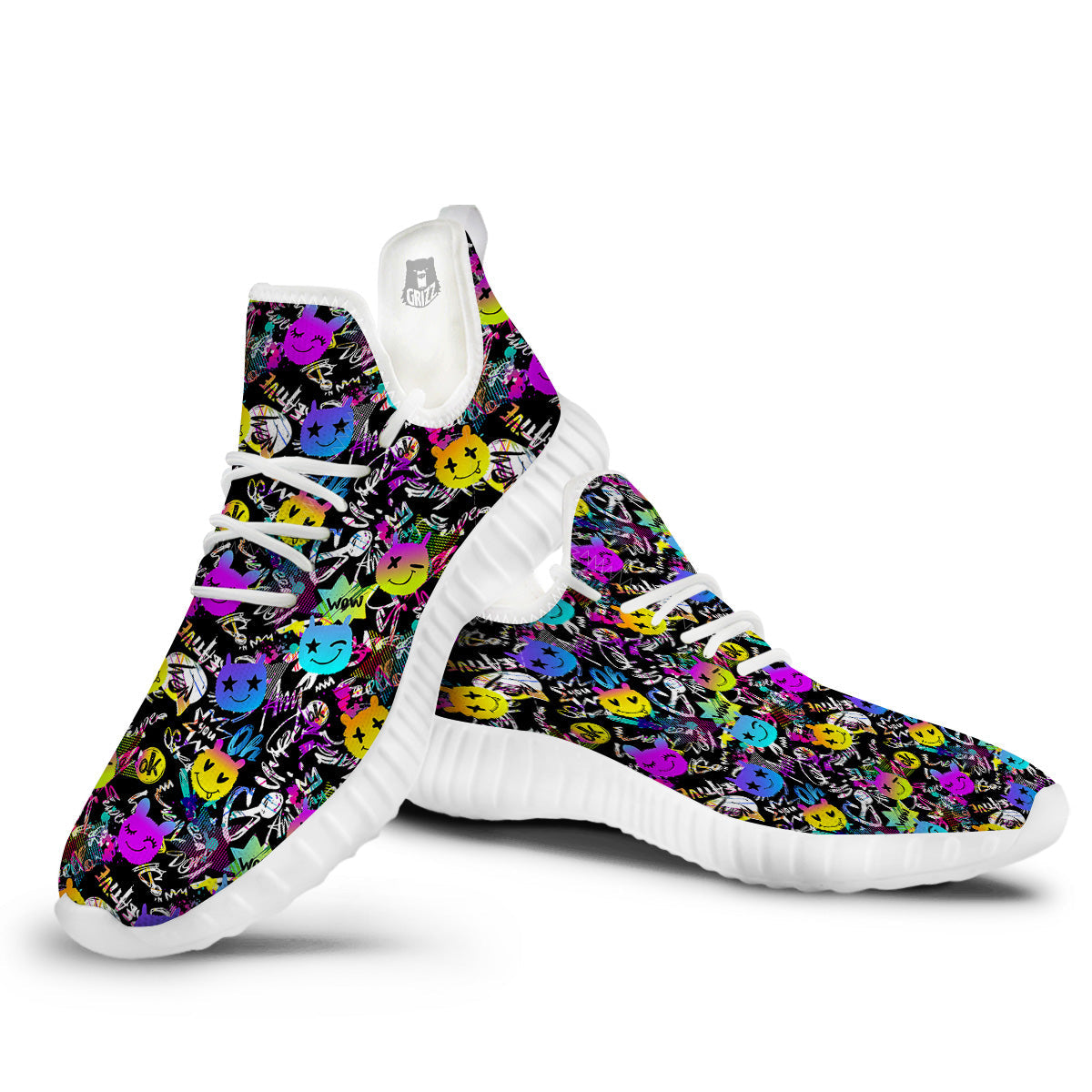 Graffiti Colorful Emoji Faces Print Pattern White Walking Shoes-grizzshop