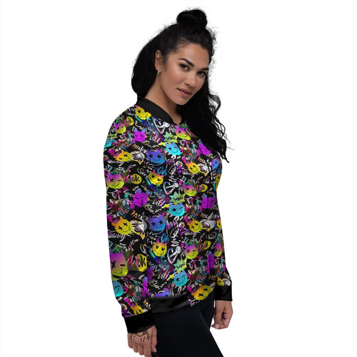 Graffiti Colorful Emoji Faces Print Pattern Women's Bomber Jacket-grizzshop