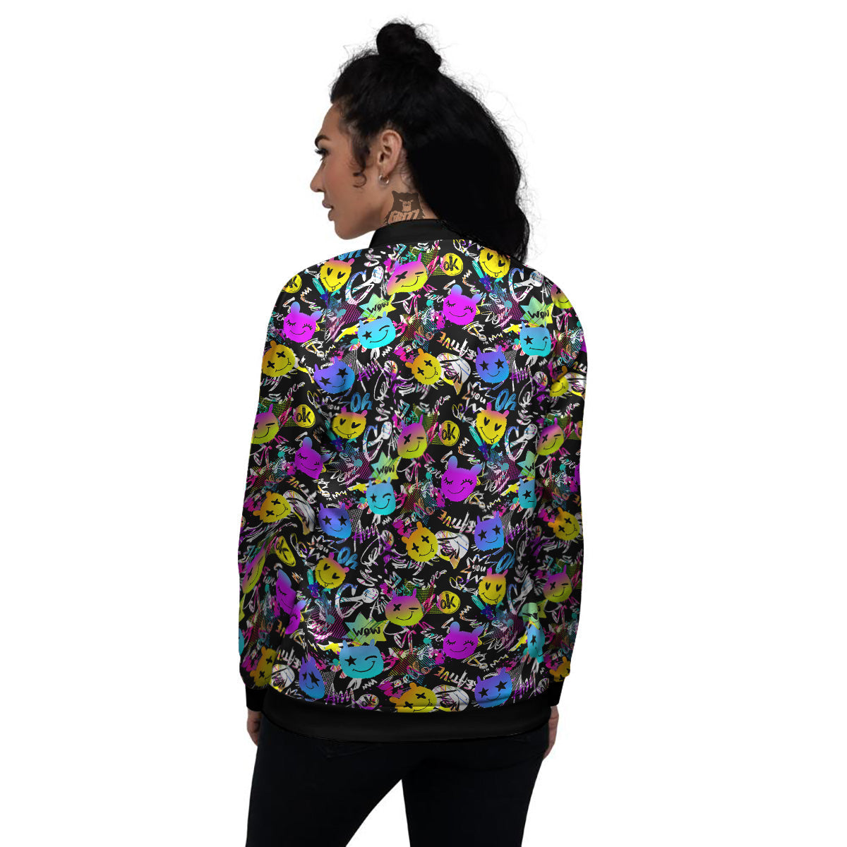 Graffiti Colorful Emoji Faces Print Pattern Women's Bomber Jacket-grizzshop