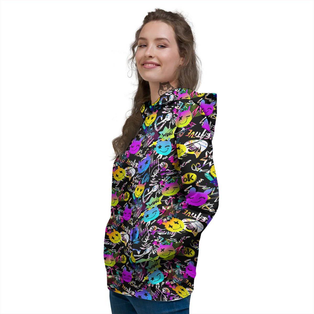 Graffiti Colorful Emoji Faces Print Pattern Women's Hoodie-grizzshop