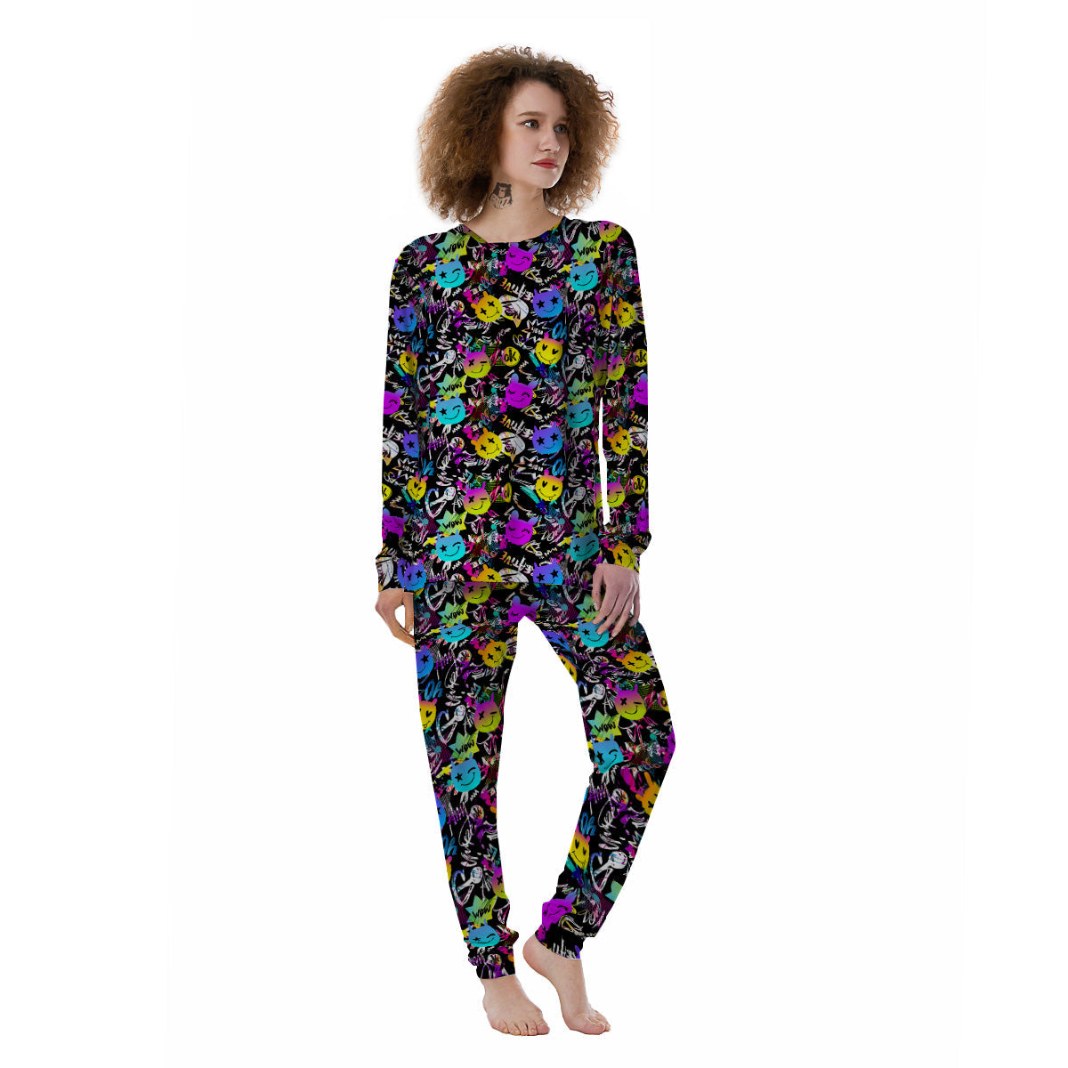 Graffiti Colorful Emoji Faces Print Pattern Women's Pajamas-grizzshop
