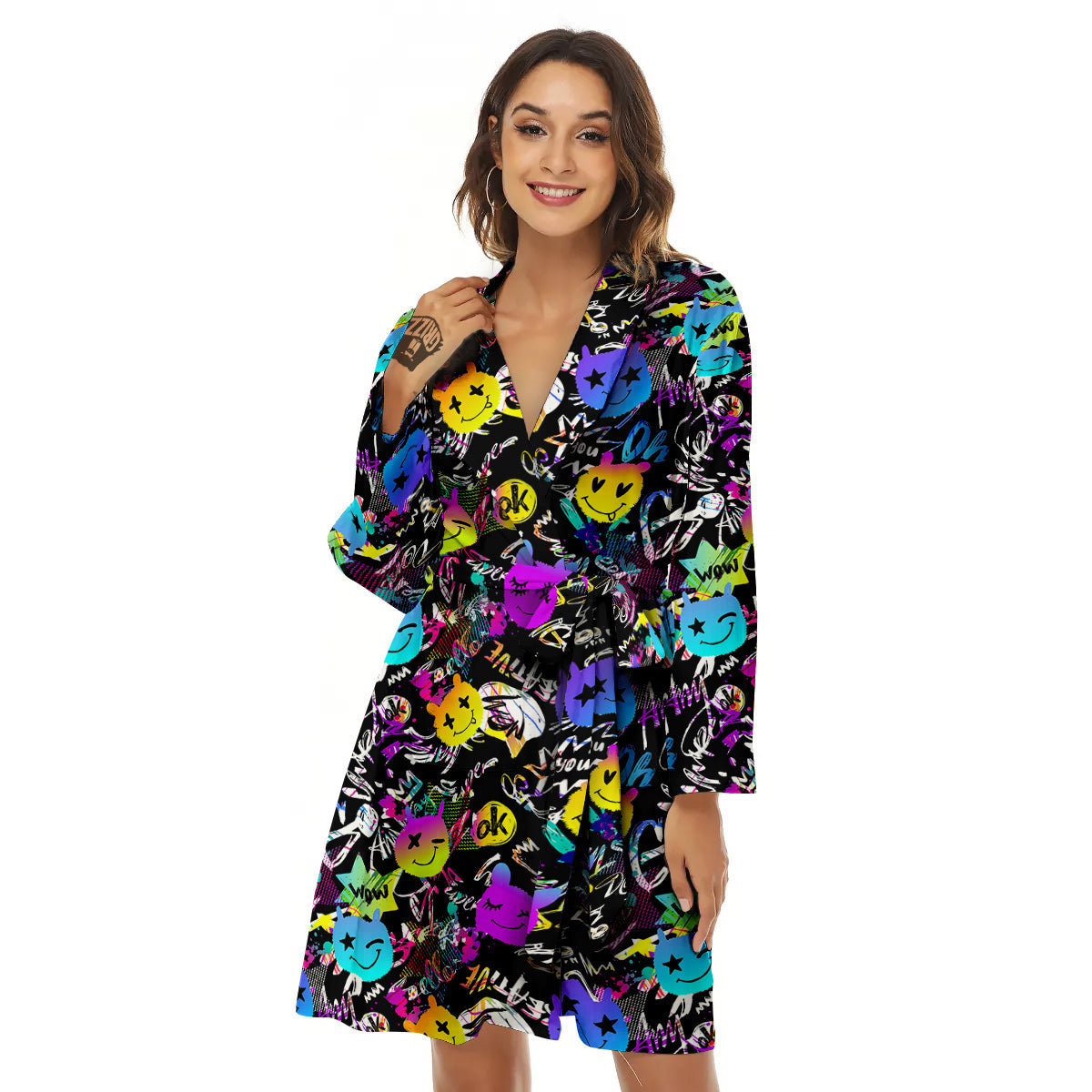 Graffiti Colorful Emoji Faces Print Pattern Women's Robe-grizzshop