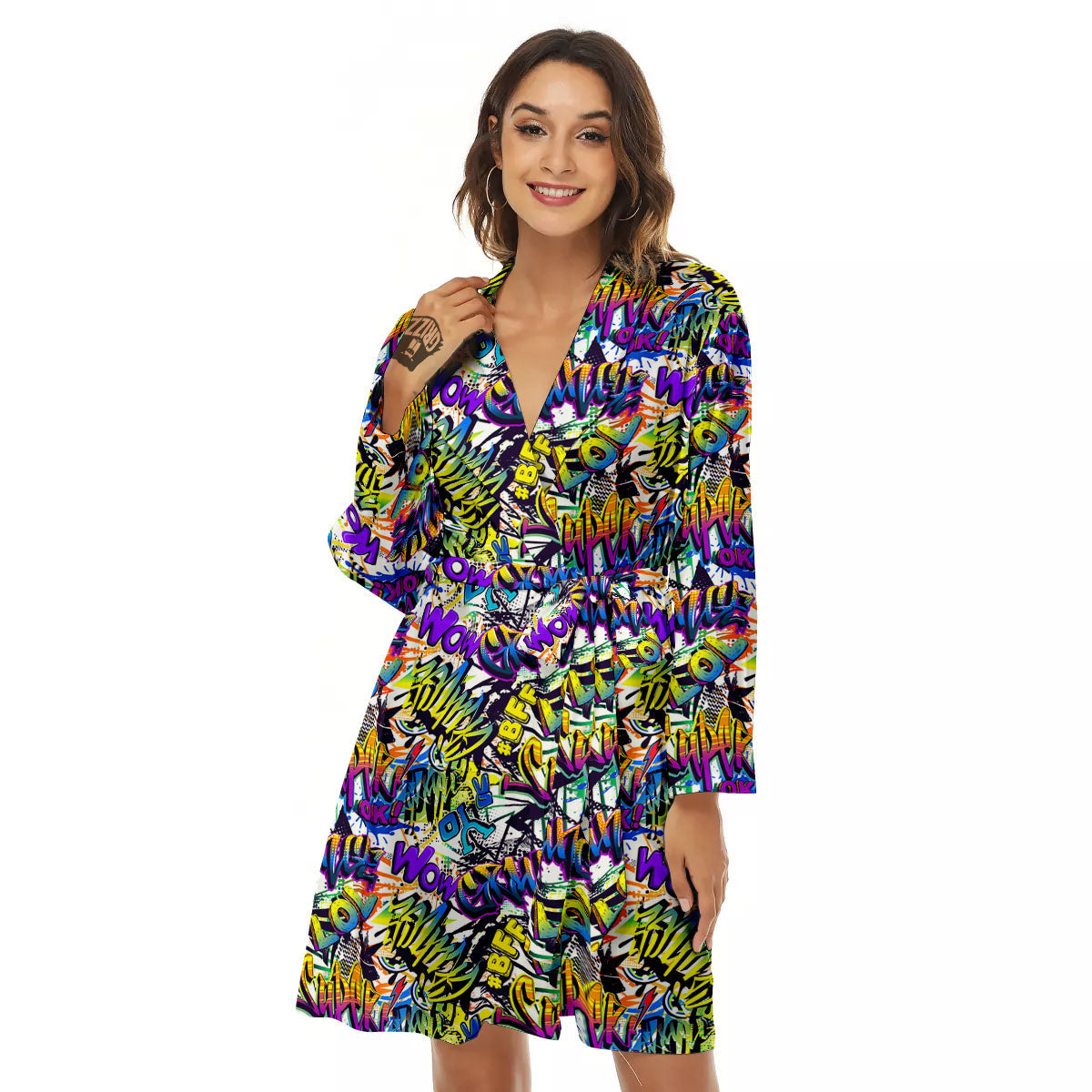 Graffiti Colorful Print Pattern Women's Robe-grizzshop