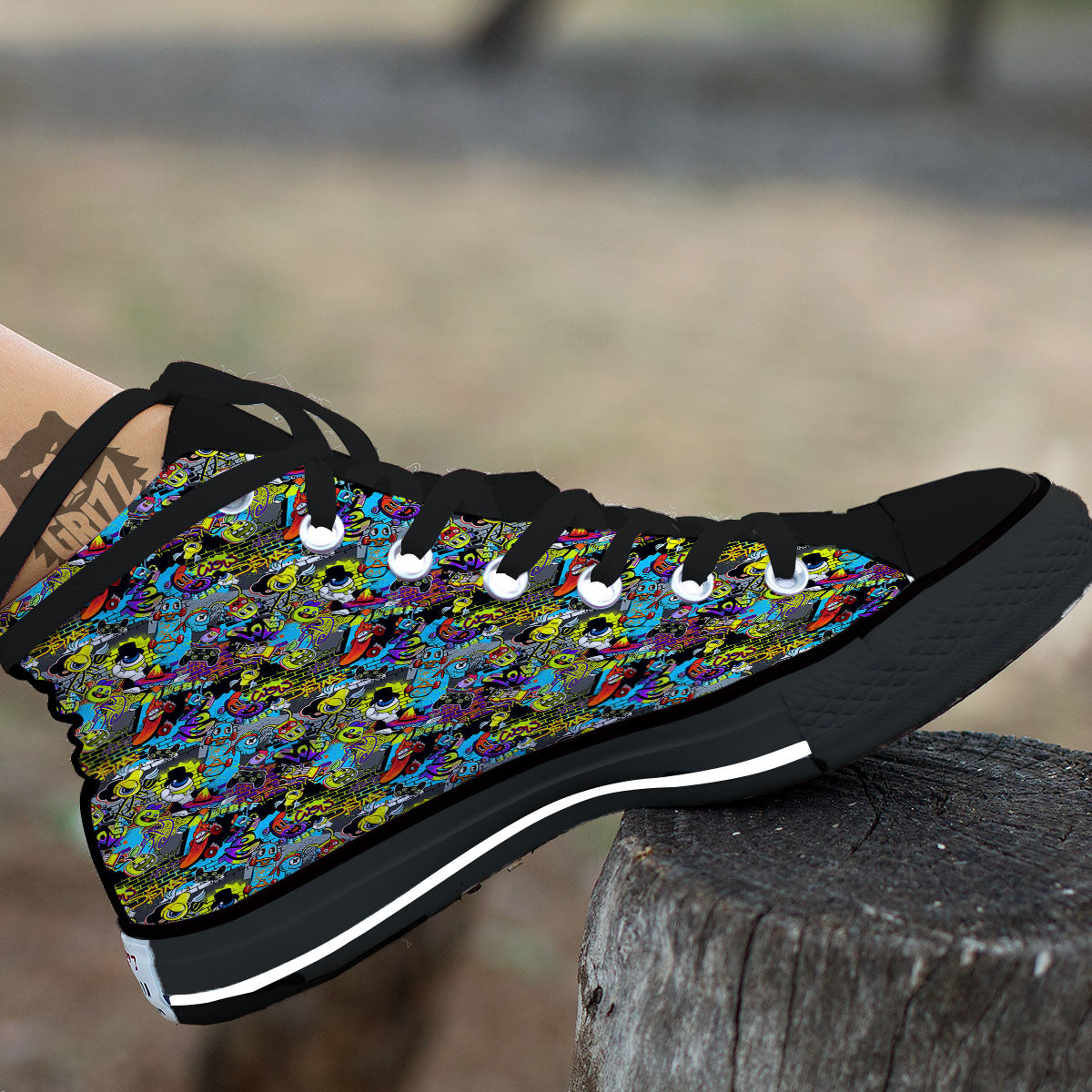 Graffiti Funky Print Pattern Black High Top Shoes-grizzshop