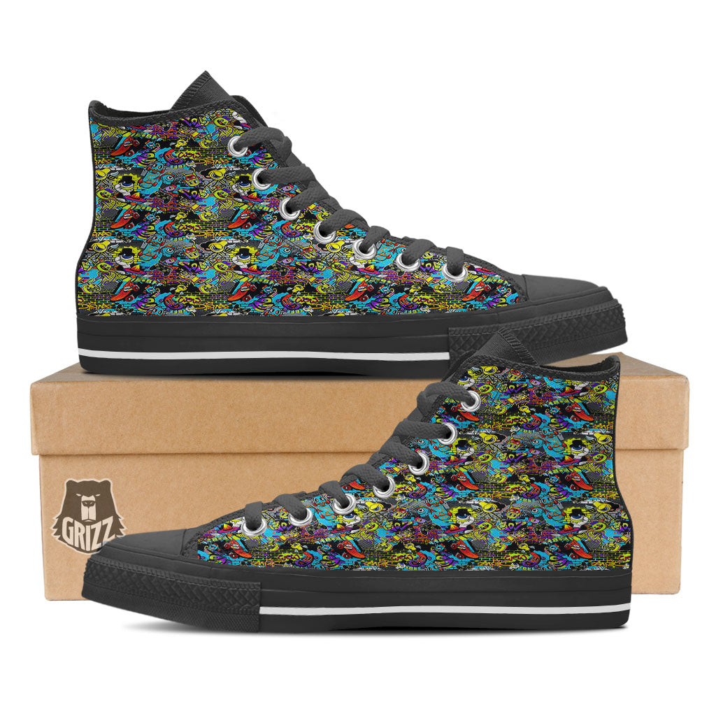 Graffiti Funky Print Pattern Black High Top Shoes-grizzshop